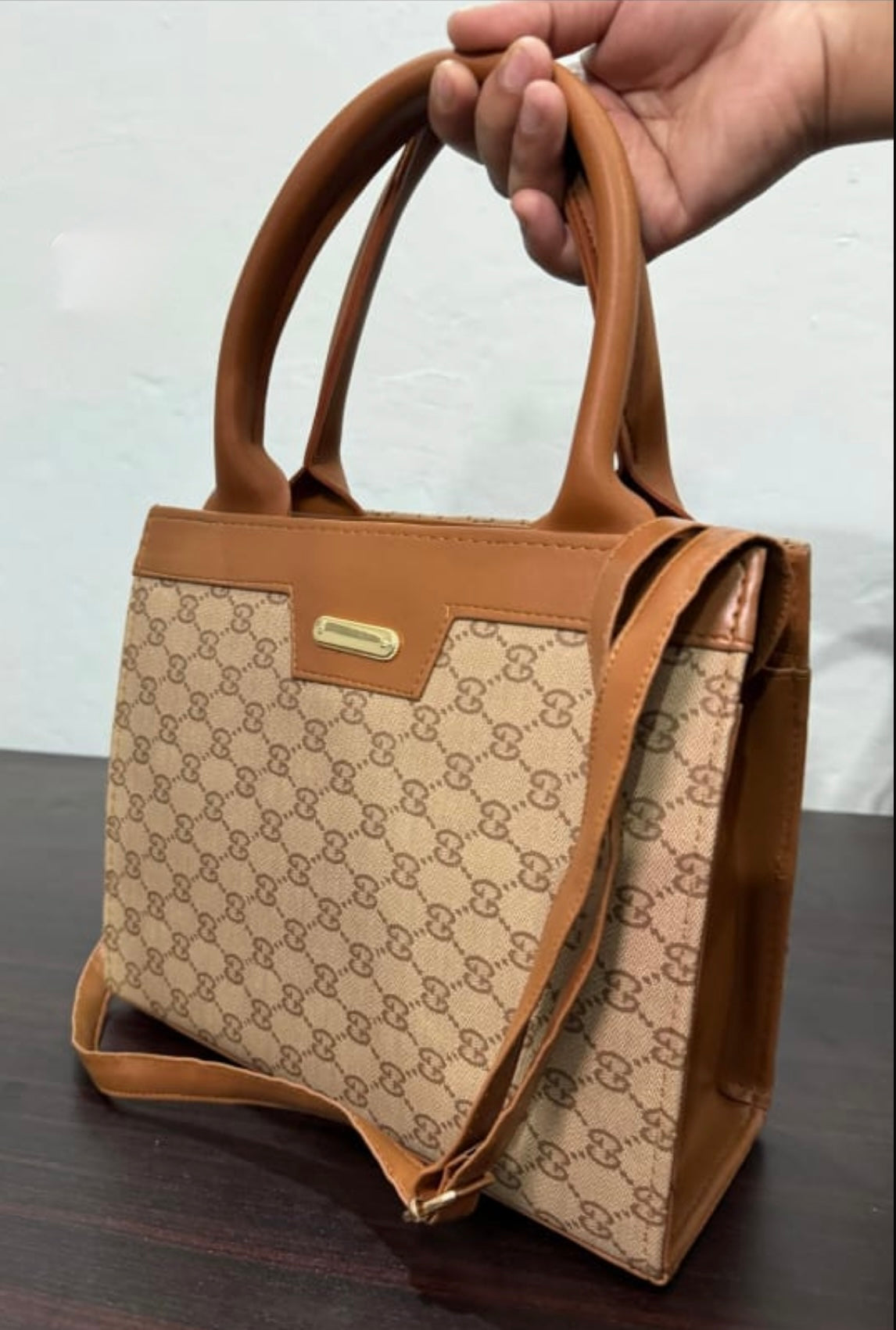 Monogram Luxe Handbag – Beige Canvas with Tan Brown Trim & Gold Accents