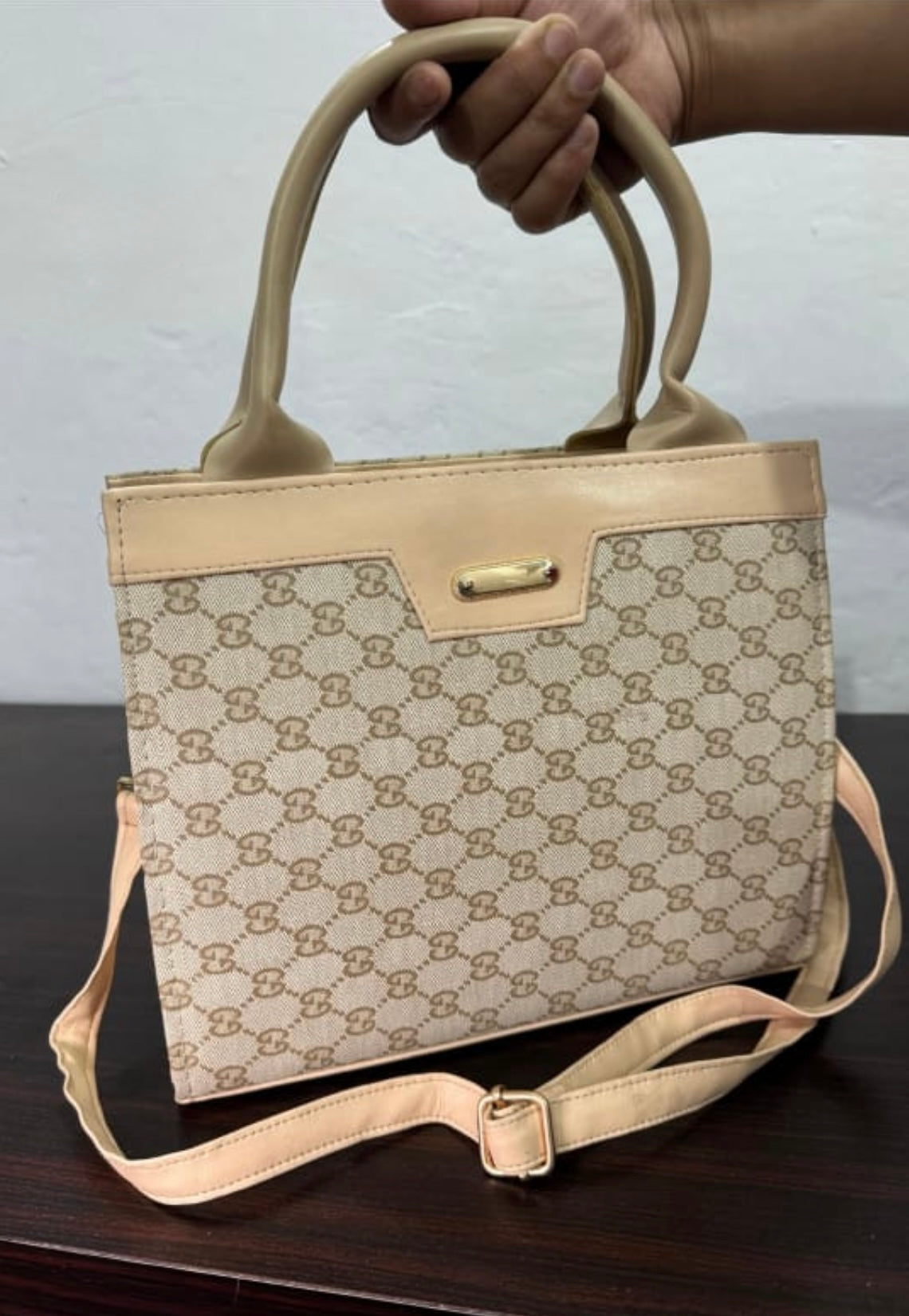 Monogram Luxe Handbag – Cream Beige Canvas with Soft Nude Trim & Gold Hardware