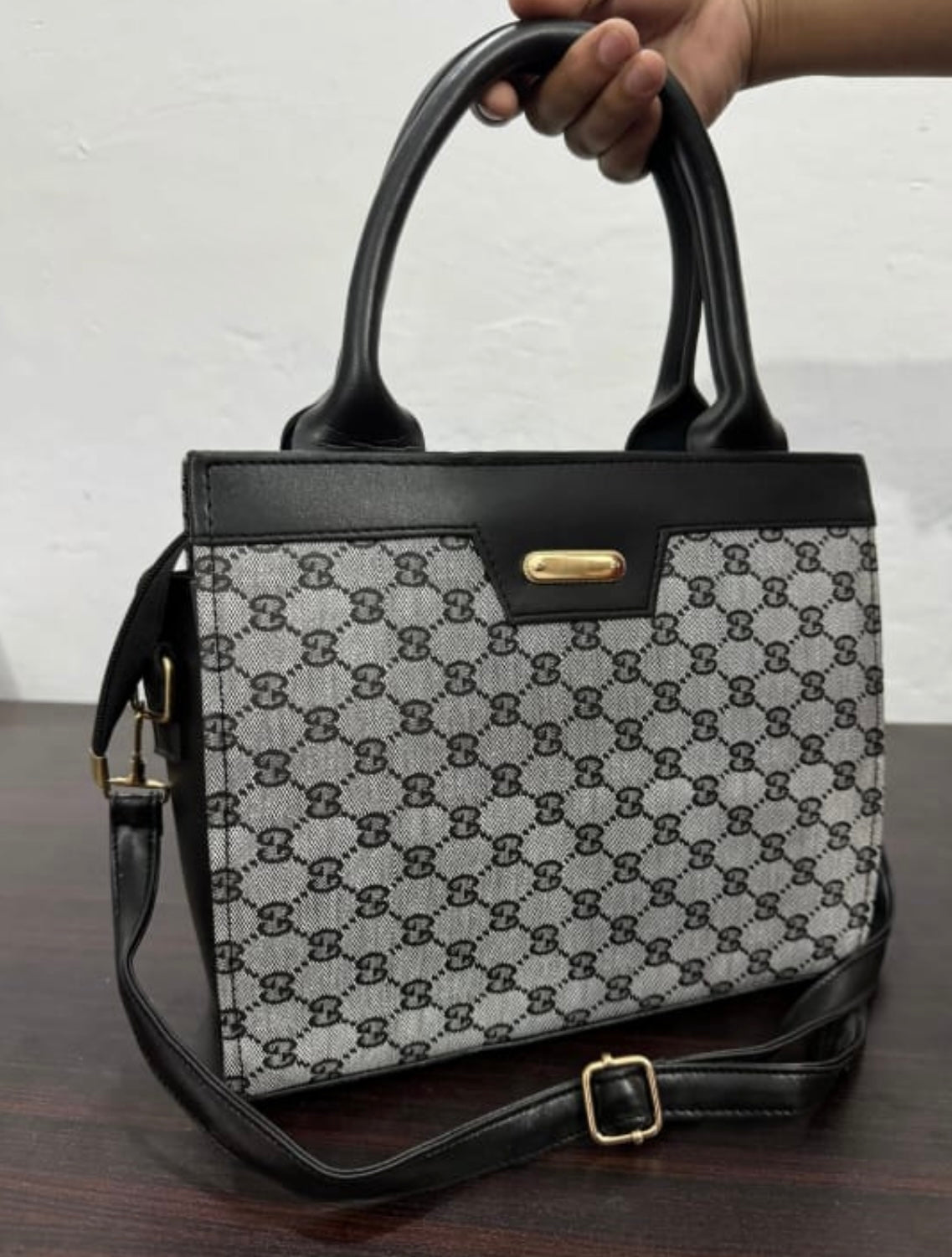 Monogram Luxe Handbag – Grey Canvas with Black Leather Trim & Gold Accents