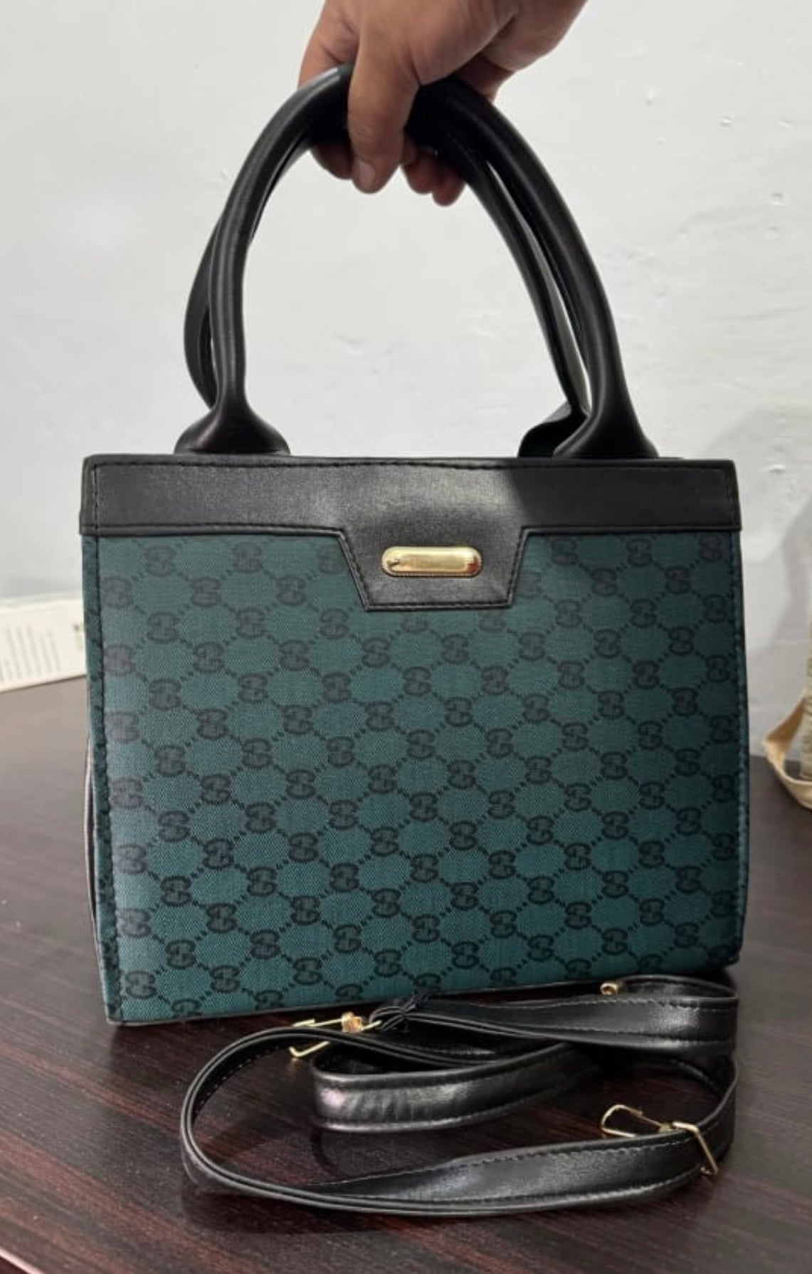 Monogram Luxe Handbag – Deep Green Canvas with Black Trim & Gold Details